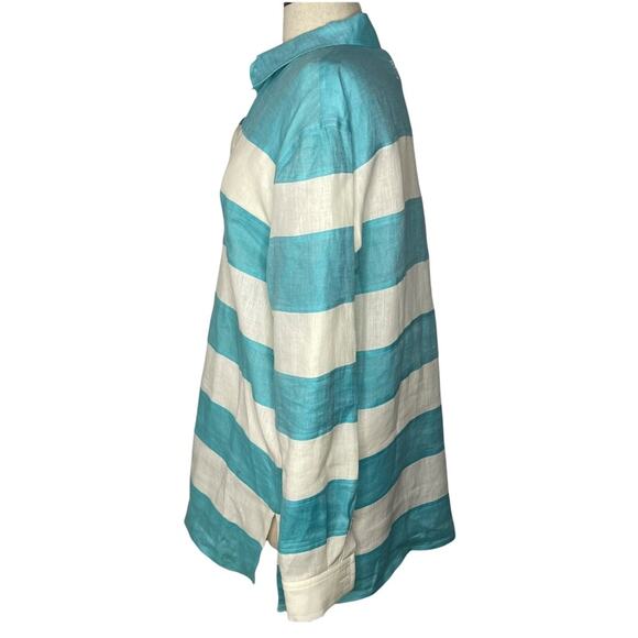 Escada Sport Linen Blouse Button Down Stripe Blue White L EUC - Picture 6 of 15